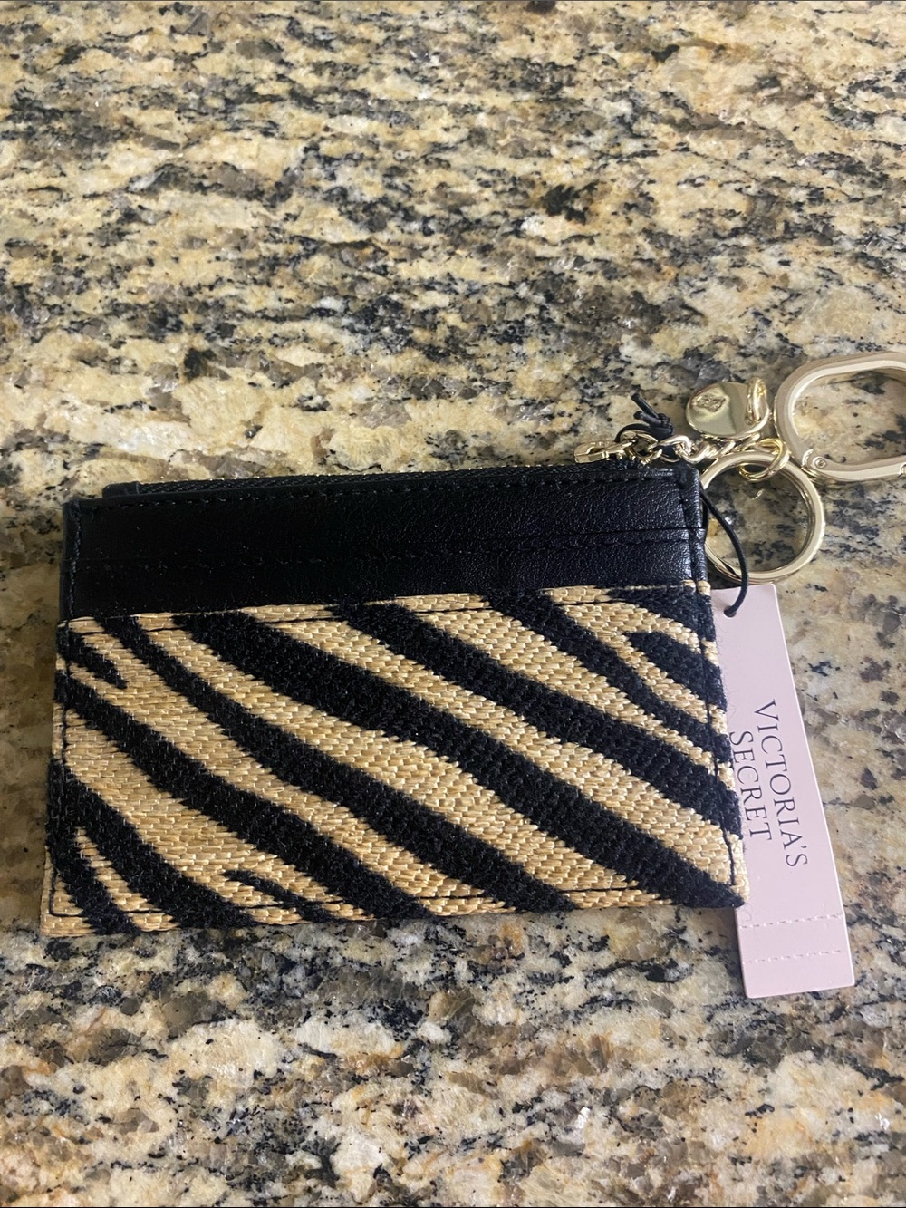 Victoria's Secret Black & tan zebra print zippered Cardholder w Keychain NWT